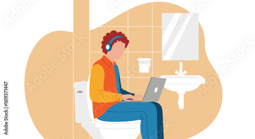 Illustration of a man working on his laptop while sitting on a toilet, perfect for articles about remote work or work-life balance.