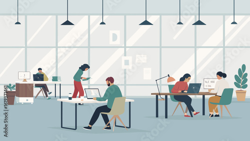 Modern co-working space illustration, perfect for websites, brochures, and presentations.