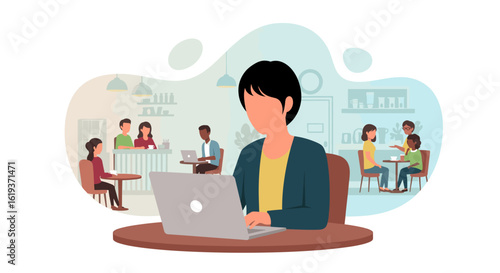 Woman working on laptop in a busy cafe, ideal for website banners or marketing materials.