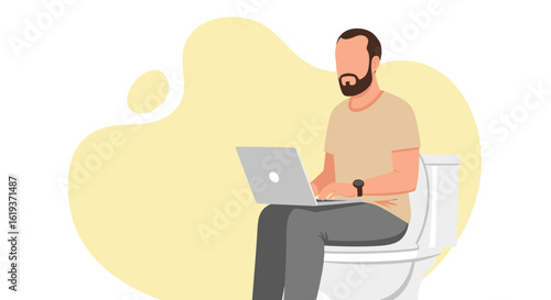 Man working on laptop while sitting on toilet - humorous illustration for website or blog.