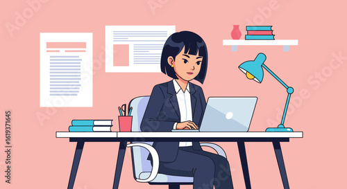Businesswoman working on laptop at her desk - perfect for website banners, presentations, or marketing materials.