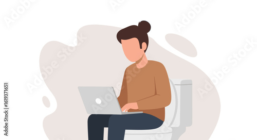 Person working on laptop while sitting on toilet, illustration for blog post or article about work-life balance.