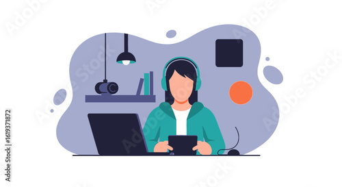 Young woman working from home, using laptop and tablet; perfect for blog posts about remote work or online learning.