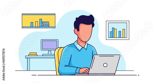Illustration of a person working on a laptop, ideal for websites, presentations, and marketing materials related to remote work, productivity, or business.