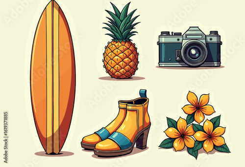 A vibrant collection of summer vacation essentials, including a surfboard, pineapple, and vintage camera, capturing the fun and adventure of a tropical holiday.
