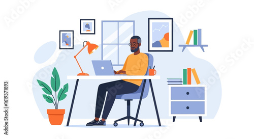 Illustration of a man working from home, perfect for blogs, websites, or social media posts about remote work.