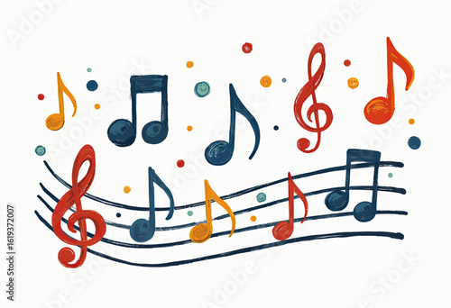 A cheerful and colorful arrangement of musical notes on a flowing staff, a playful vector illustration perfect for music class posters or children's songbooks.
