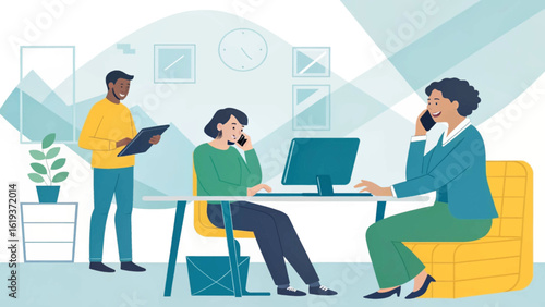 Diverse team collaborating in a modern office, ideal for website banners or business presentations.