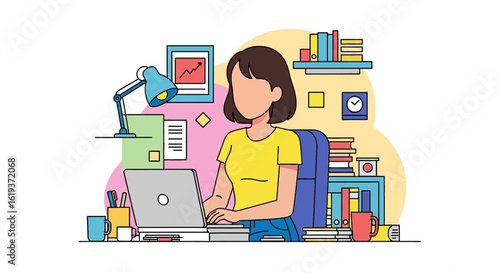 Woman working on laptop at home office, perfect for blog posts about remote work or productivity.