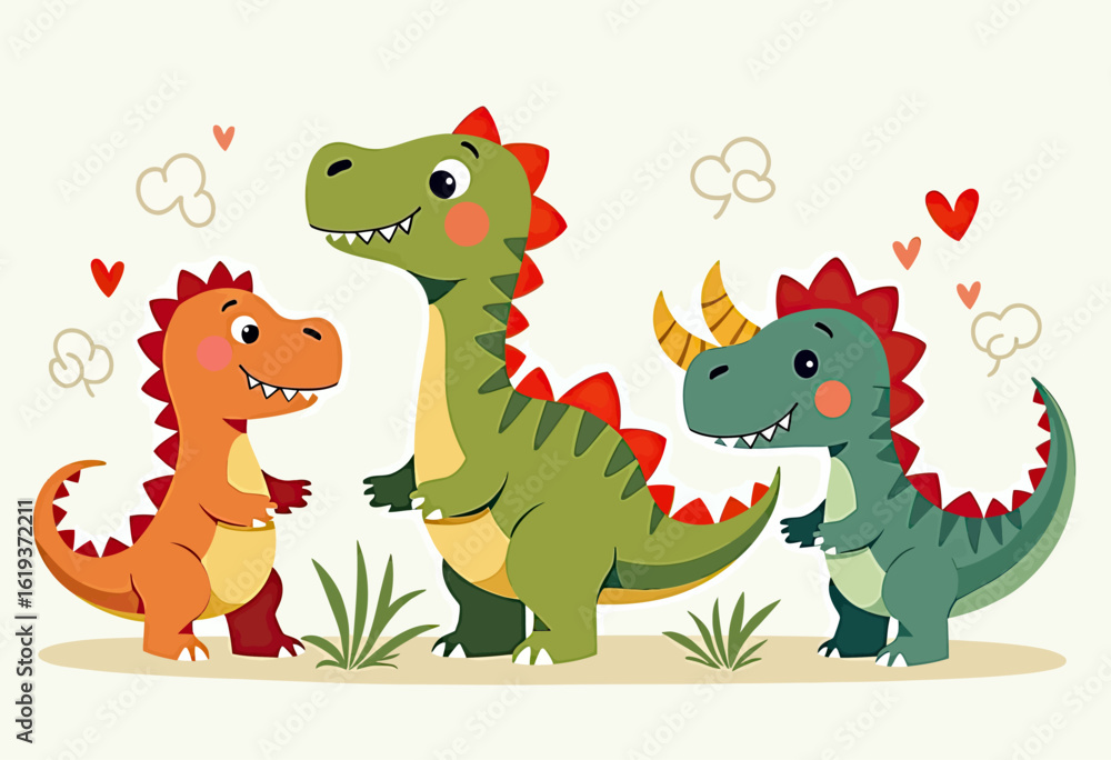 Naklejka premium A sweet and heartwarming cartoon illustration of a loving dinosaur family or friends, featuring a parent and child theme perfect for nursery art and greeting cards. 