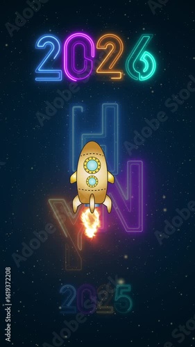 Wallpaper Mural Animated neon numbers transitioning from 2025 to 2026 with a flying rocket on space background. Symbolizes future progress, new year startup goals, business plans, and growth. Torontodigital.ca