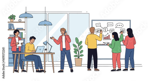 Team brainstorming in a modern office, ideal for business presentations and website landing pages.