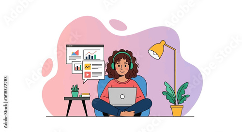 Woman working from home on laptop, analyzing data charts and graphs. Perfect for website banners, blog posts, or presentations about remote work, data analysis, or freelance lifestyle.