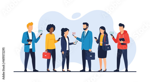 Diverse business team using smartphones and tablets for communication and collaboration. Ideal for presentations on teamwork, technology, and modern business.