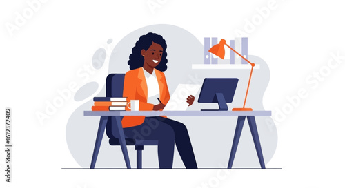Happy businesswoman working at her desk, perfect for websites and marketing materials.