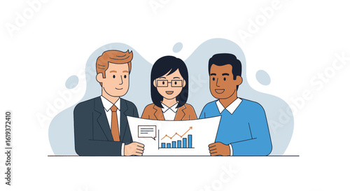 Diverse business team reviewing growth chart - ideal for presentations, reports, and website banners.