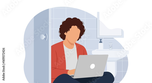 Person working on laptop in bathroom, illustration for articles about remote work challenges or work-life balance.
