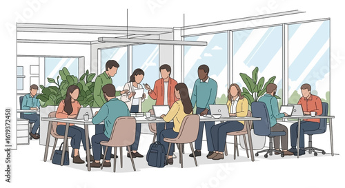 Diverse team collaborating in a modern office, perfect for illustrating teamwork and innovation on your website or company brochure.