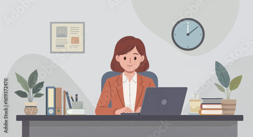 Smiling businesswoman working on laptop in modern office - perfect for website banners or business presentations.