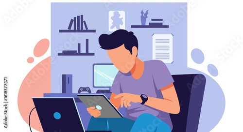 Young man working from home using a tablet and laptop, perfect for illustrating remote work or online learning.