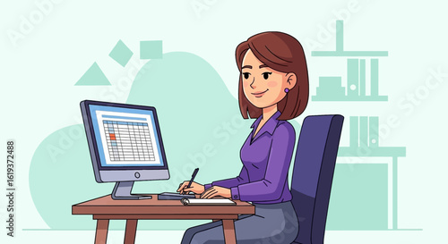 Illustration of a businesswoman working on her computer, perfect for websites, presentations, and marketing materials.