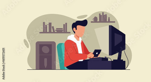 Young man working from home, using computer and tablet. Ideal for website banners, blog posts, or articles about remote work.