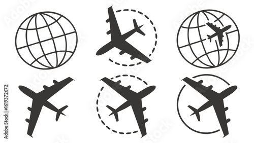 Global logistics and air freight icon set. Vector symbols representing international shipping, cargo, and worldwide delivery services.

