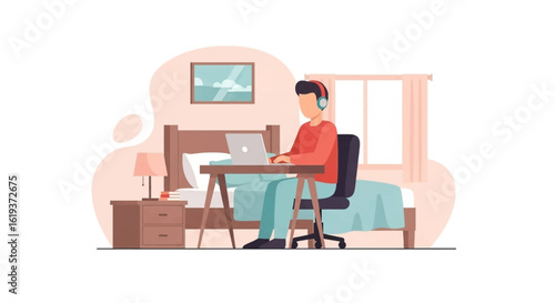 Man working from home on laptop in bedroom - perfect for remote work, work from home, and productivity articles.