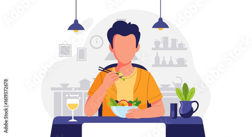 Person enjoying a healthy salad at home, perfect for blogs about healthy eating or lifestyle.