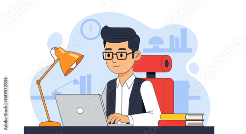 Illustration of a businessman working on his laptop, perfect for website banners or business presentations.