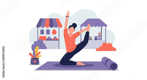 Woman practicing yoga outdoors near market stalls; perfect for wellness websites, blogs, or health publications.