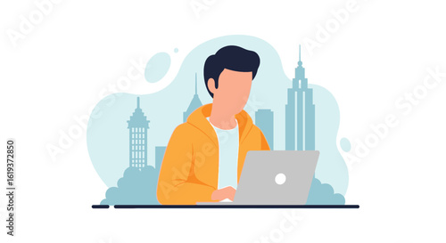 Young man working on laptop in city background - perfect for website banners, landing pages, or brochures.
