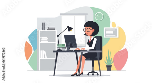 Businesswoman working at her desk in a modern office, perfect for website banners or business presentations.