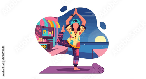 Woman practicing yoga at sunset near a market, perfect for wellness websites or travel brochures.