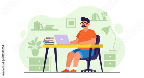 Illustration of a man working from home on his laptop, perfect for blogs or websites about remote work.