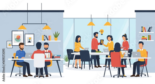 Modern co-working space illustration, ideal for website banners or brochures promoting teamwork and collaboration.