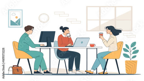 Teamwork in a modern office: Illustration of colleagues collaborating on projects, perfect for website landing pages or brochures.