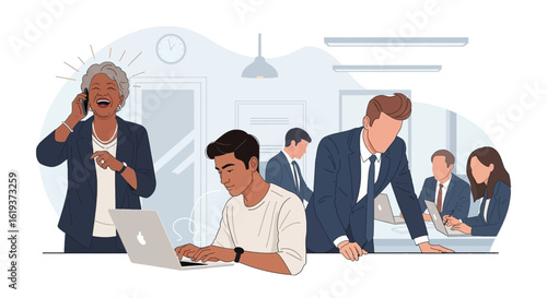 Diverse team of business professionals collaborating in a modern office, perfect for website banners or brochures.