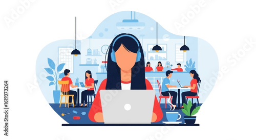 Woman with headphones working on laptop in a busy cafe; perfect for blog posts about remote work, coworking spaces, or freelancing.