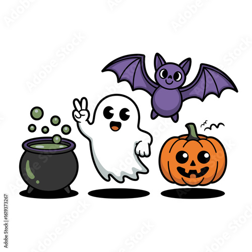 Cute halloween characters ghost bat pumpkin cauldron isolated on white background