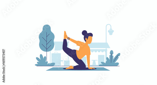 Woman practicing yoga outdoors in a city park, perfect for wellness websites or brochures.