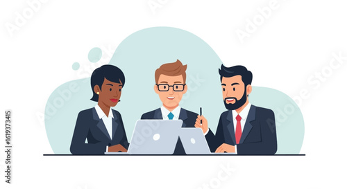 Diverse business team collaborating on laptop, ideal for website banners, presentations, and marketing materials.