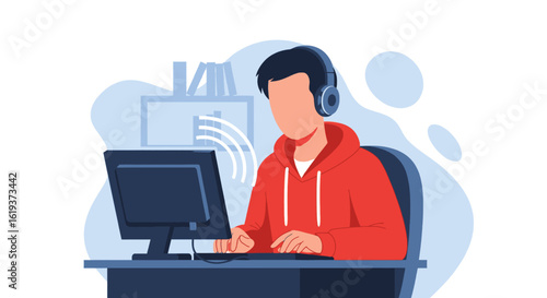 Person working on computer with headphones, perfect for blog posts about remote work or online learning.