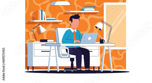 Businessman working on laptop at modern desk, ideal for website banners or business presentations.