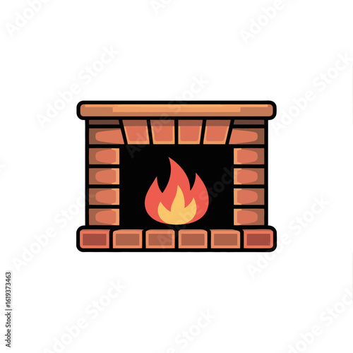 Cartoon brick fireplace with burning fire isolated on white background