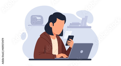 Woman working on laptop and smartphone, perfect for website banners or blog posts about remote work, technology, or productivity.