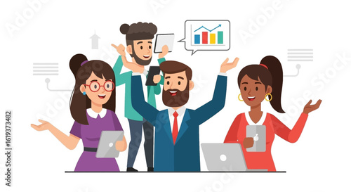 Diverse business team collaborating, using laptops and tablets. Ideal for presentations on teamwork, technology, and success.