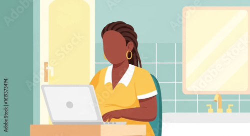Woman working on laptop in bathroom, perfect for remote work or wellness blog.