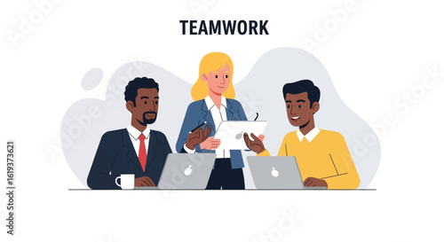 Diverse business team collaborating on project, ideal for website banners or presentations.