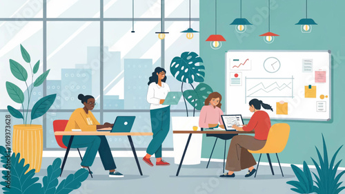 Diverse team of women working collaboratively in a modern, plant-filled office. Perfect for websites, brochures, and marketing materials.